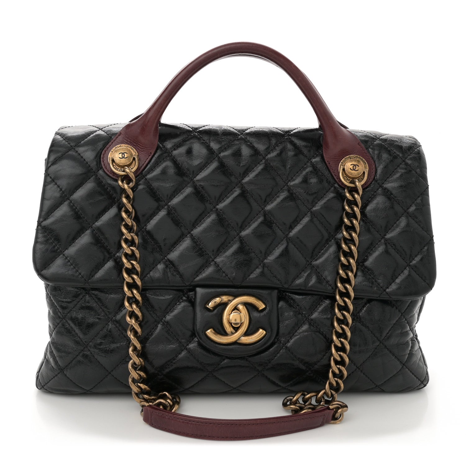 Glazed Calfskin Castle Rock Large Flap Black Burgundy