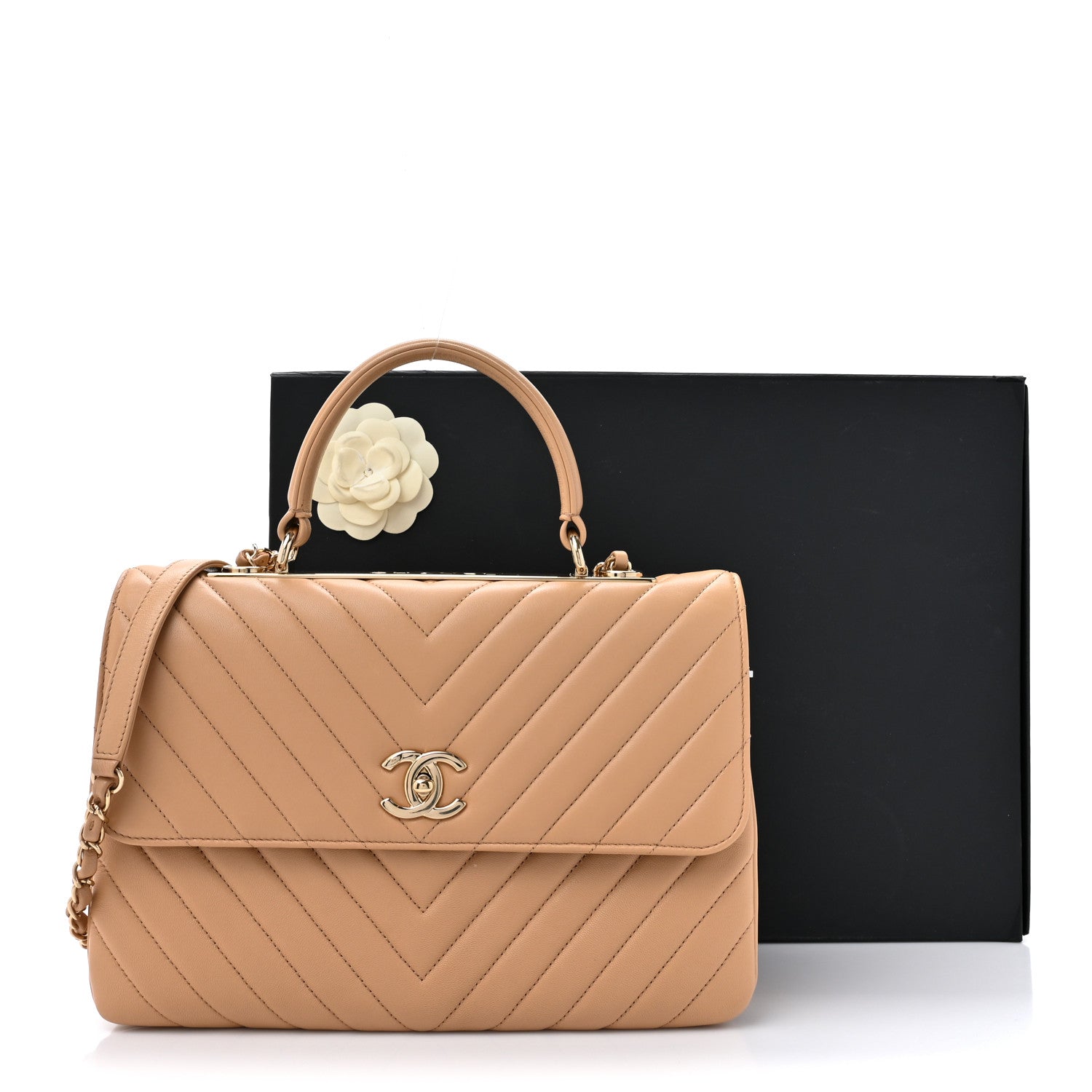 Lambskin Chevron Quilted Medium Trendy CC Dual Handle Flap Bag Beige