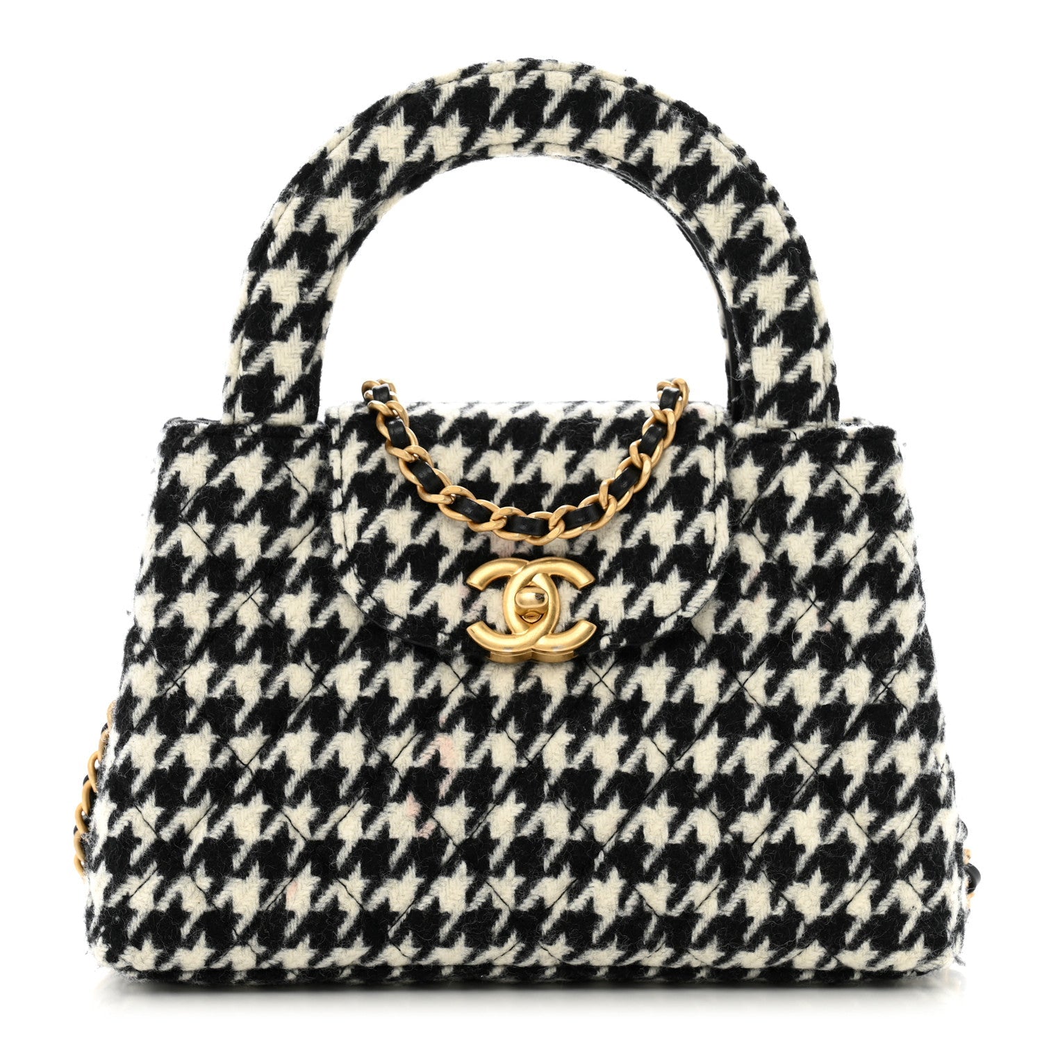 Tweed Houndstooth Quilted Nano Kelly Shopper Black White