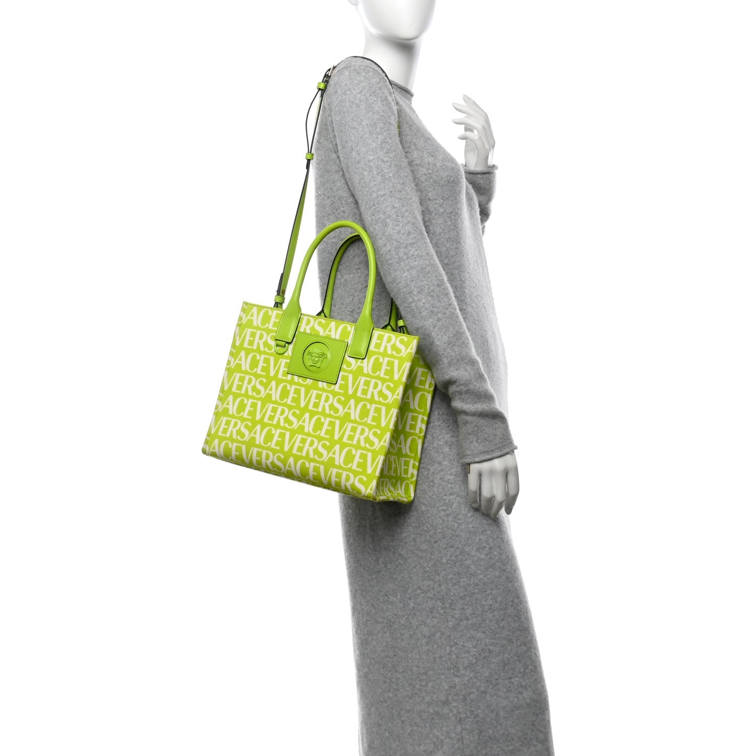 Canvas Calfskin Allover La Medusa Small Tote Green