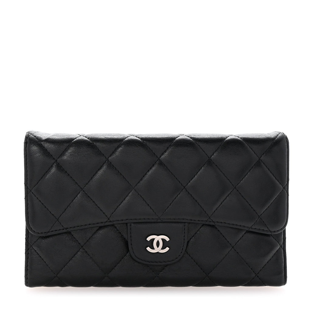 Lambskin Quilted Large Flap Wallet  Black