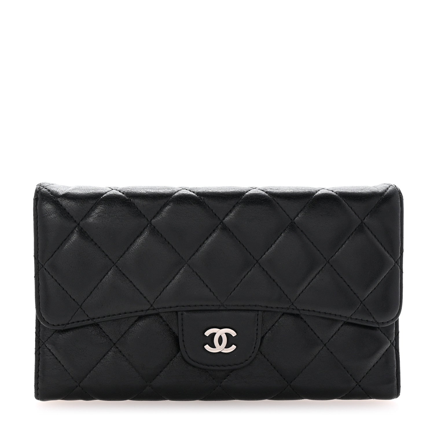 Lambskin Quilted Large Flap Wallet  Black