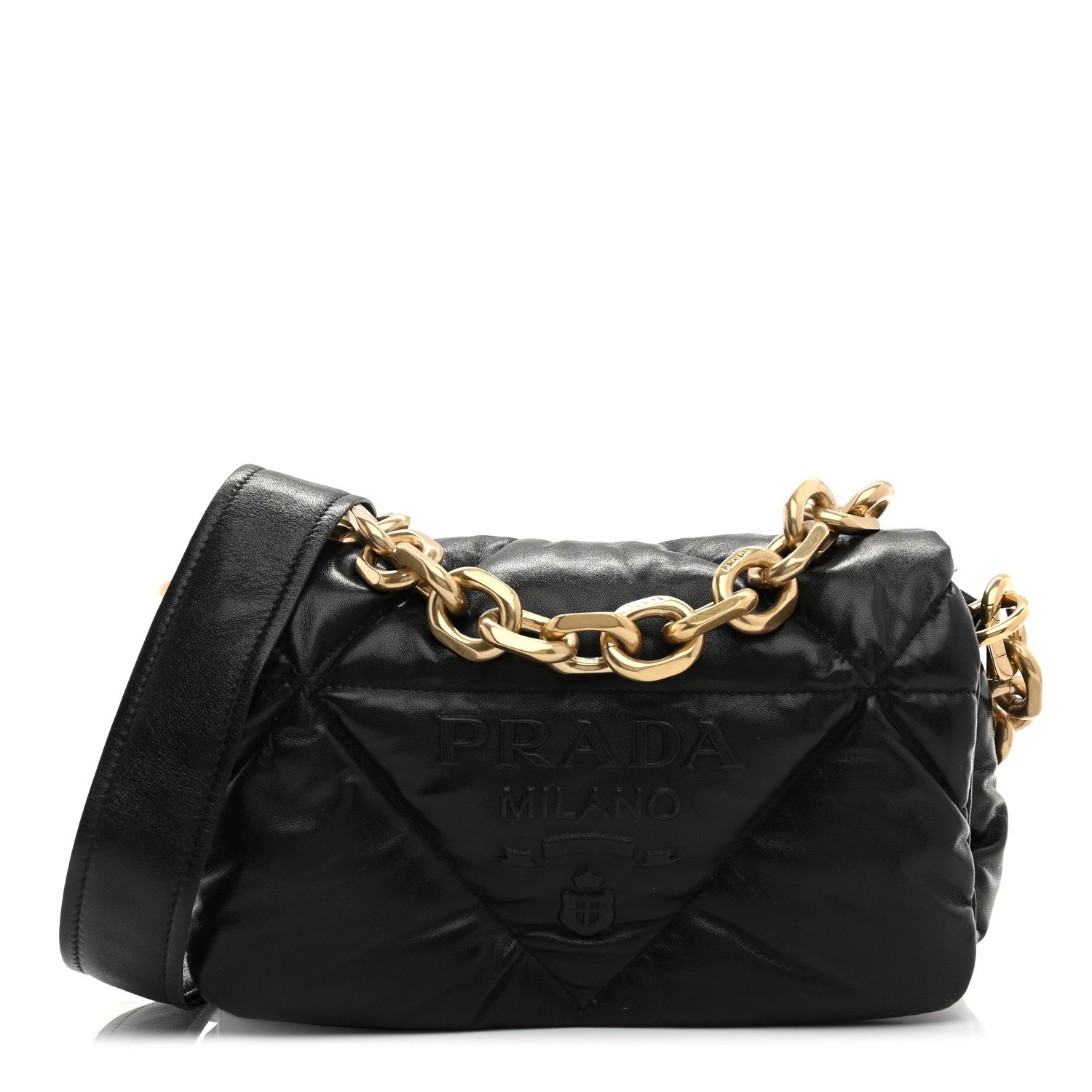 Nappa Soft Padded Logo Embossed Triangle Quilted Small Shoulder Bag Black