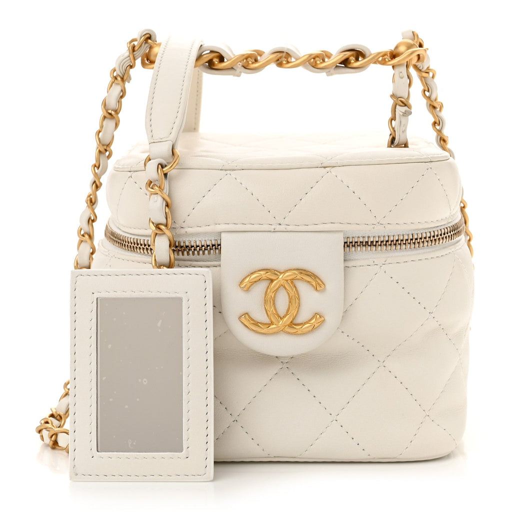 Calfskin Quilted Small Vanity Case With Chain White