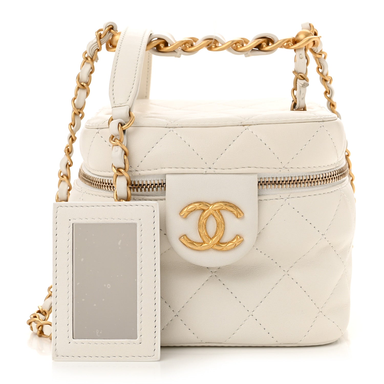 Calfskin Quilted Small Vanity Case With Chain White