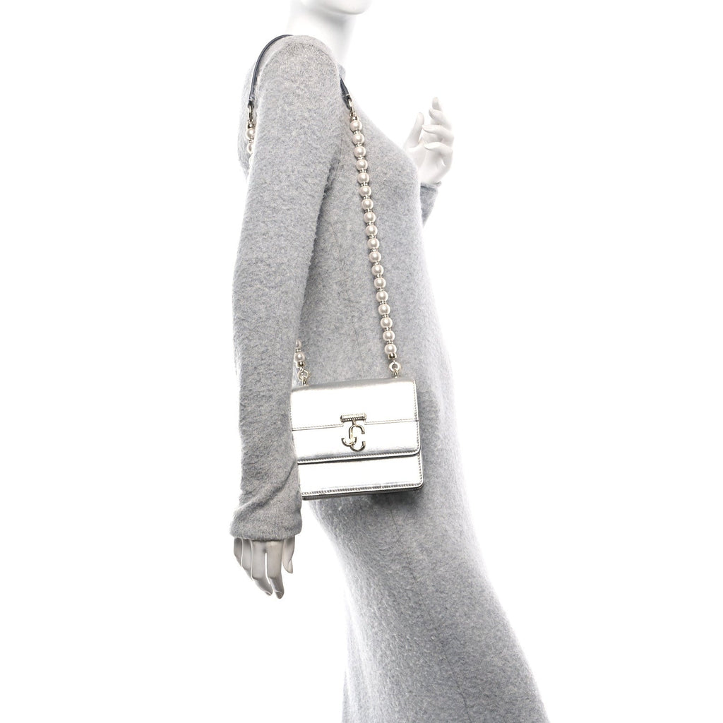 Metallic Calfskin Pearl Varenne Crystal Bar Avenue Chain Clutch Silver