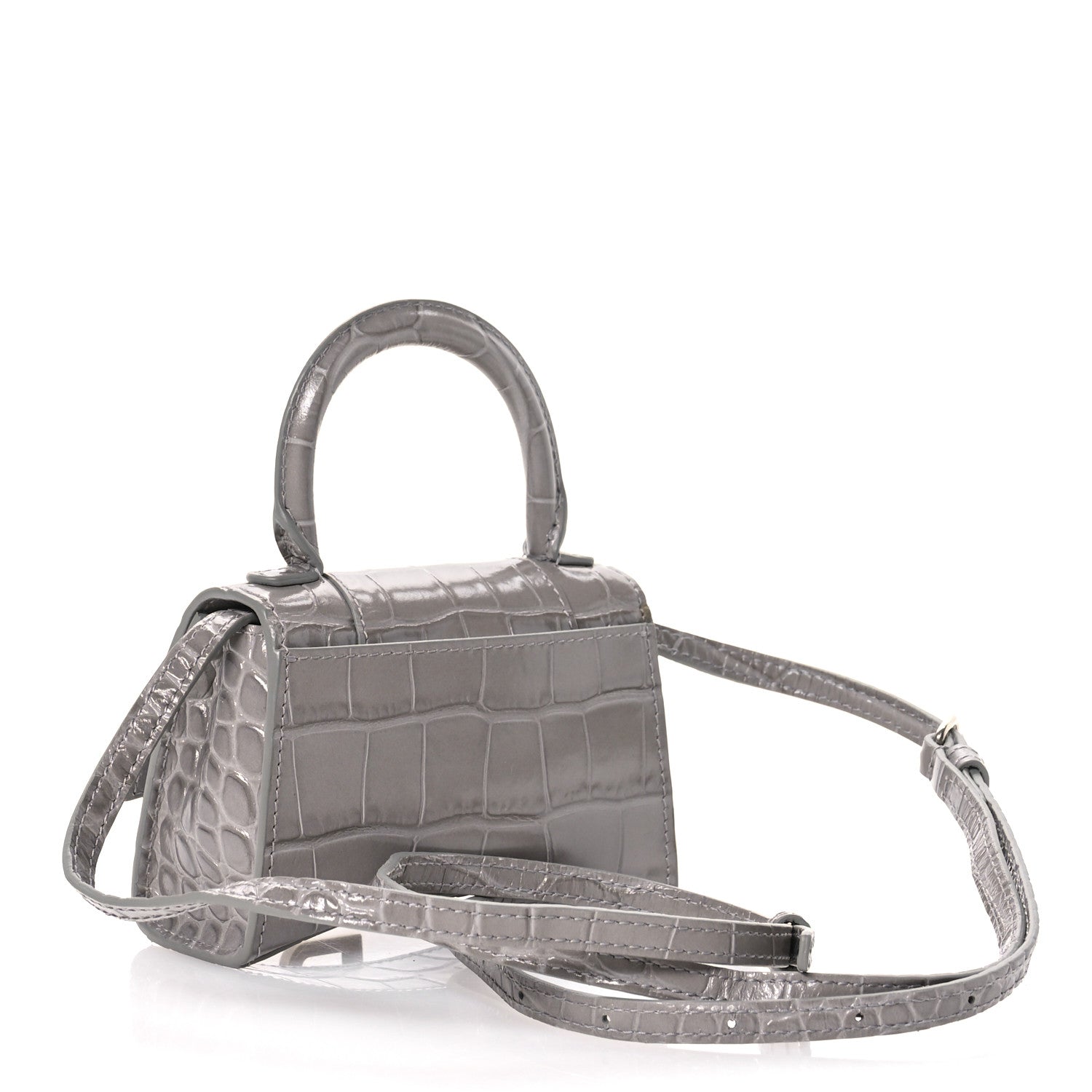 Shiny Calfskin Crocodile Embossed Hourglass Top Handle Bag Mini Steel Grey