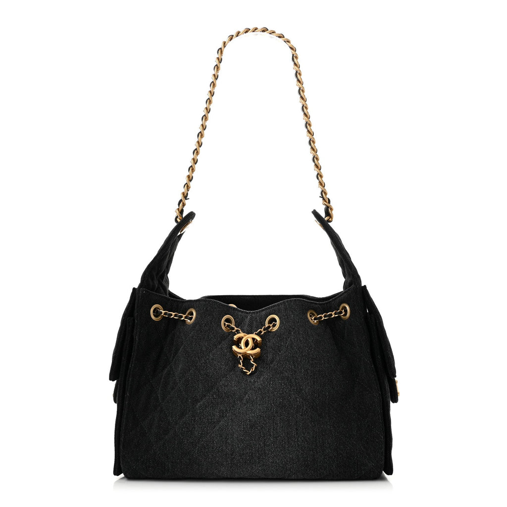 Washed Denim Quilted Small Chanel 25 Handbag Black