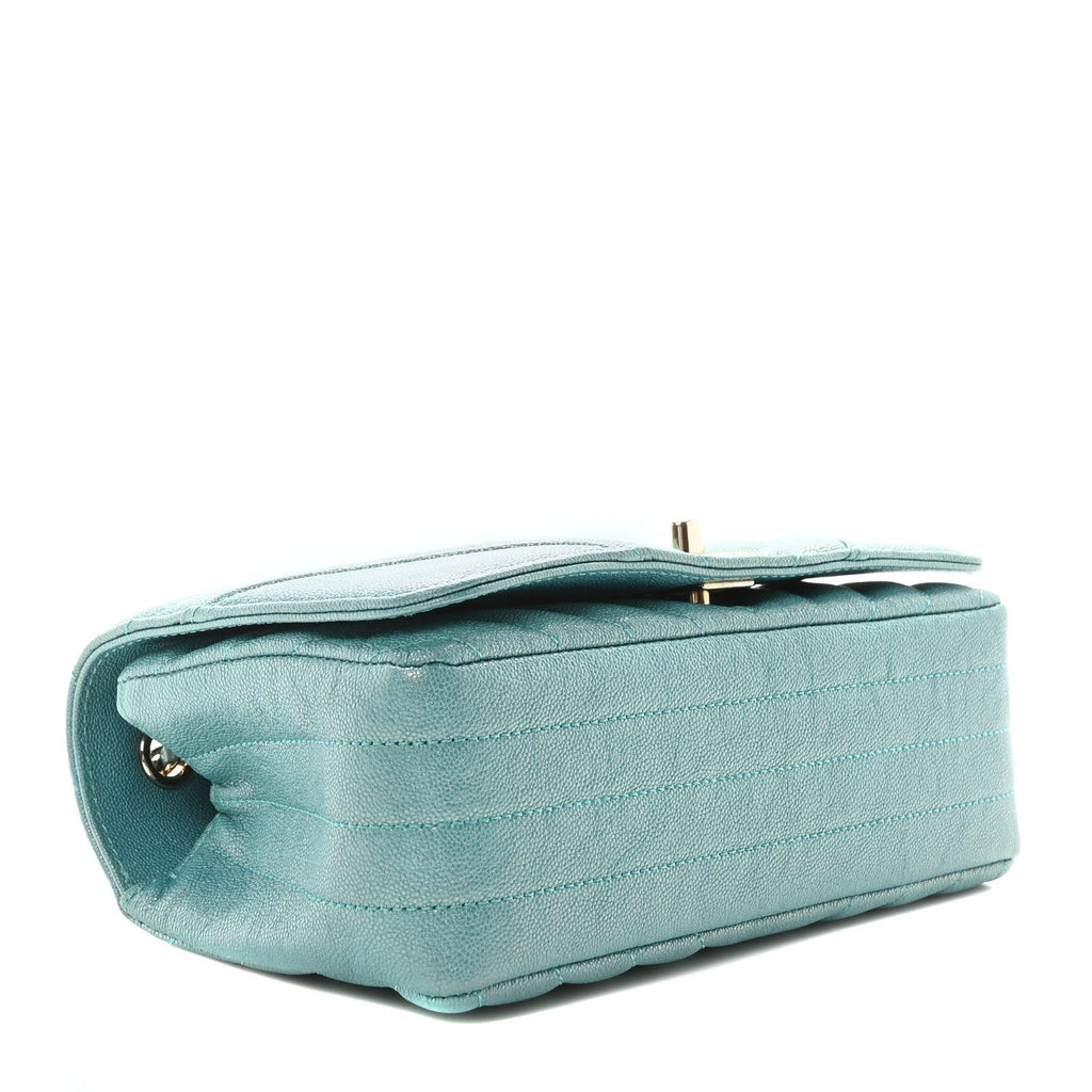 Metallic Caviar Chevron Quilted Small Statement Flap Turqouise