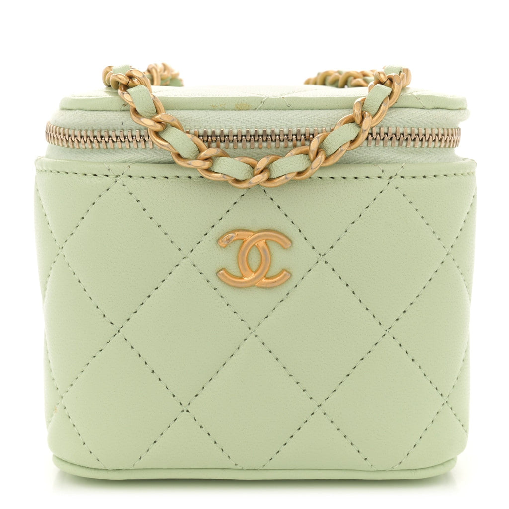 Lambskin Quilted Pearl Crush Mini Vanity Case With Chain Light Green