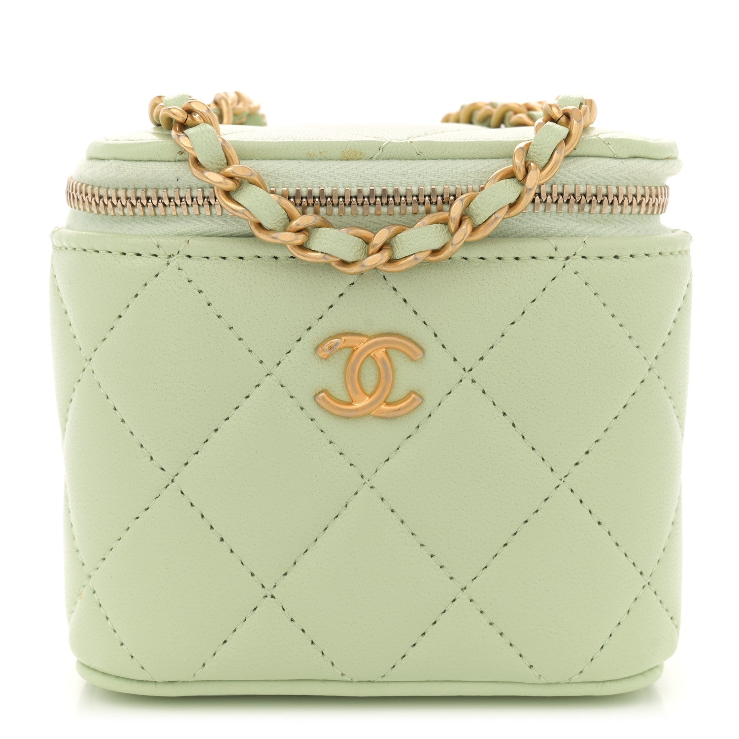 Lambskin Quilted Pearl Crush Mini Vanity Case With Chain Light Green