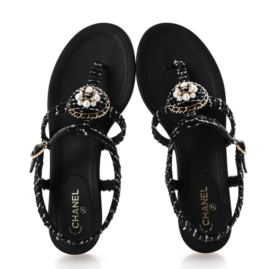 Cotton Tweed CC Charm Thong Sandals 39 Black White