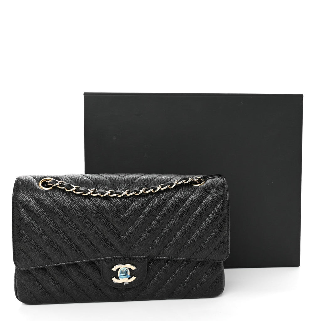 Caviar Chevron Quilted Medium Double Flap Black