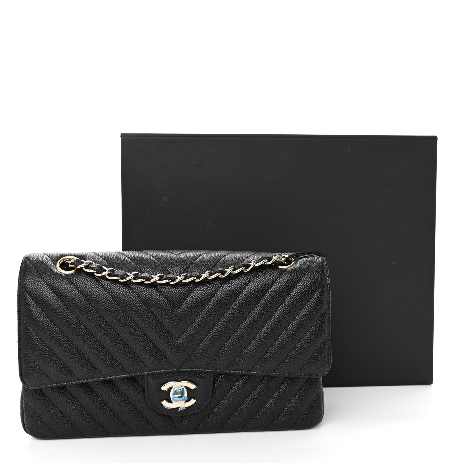 Caviar Chevron Quilted Medium Double Flap Black