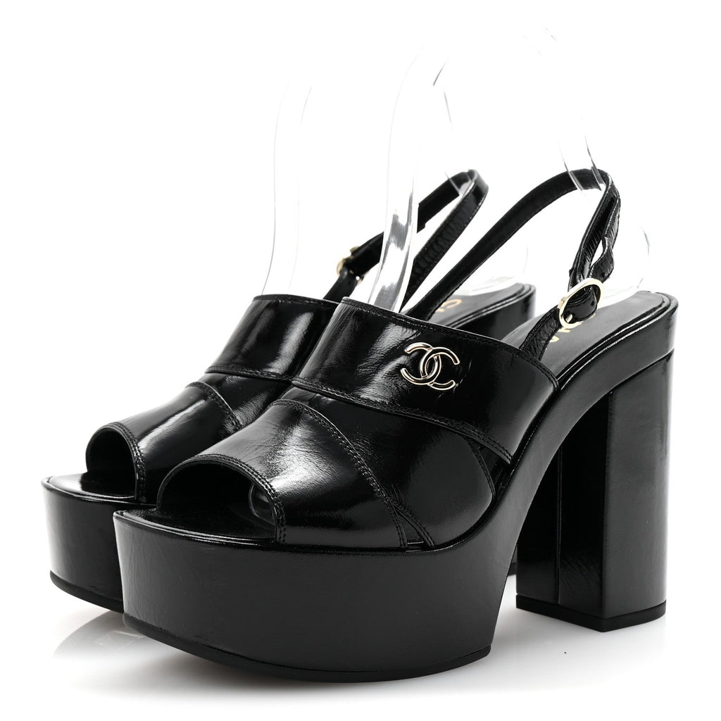 Crumpled Patent Lambskin Platform Sandals 37.5 Black