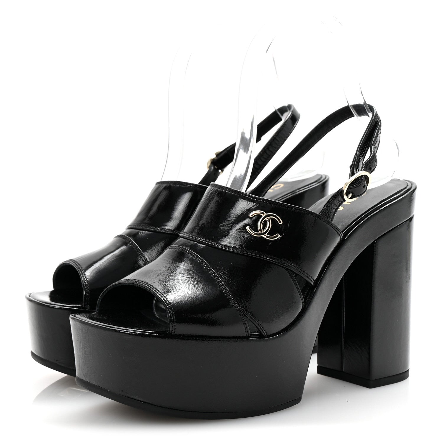 Crumpled Patent Lambskin Platform Sandals 37.5 Black