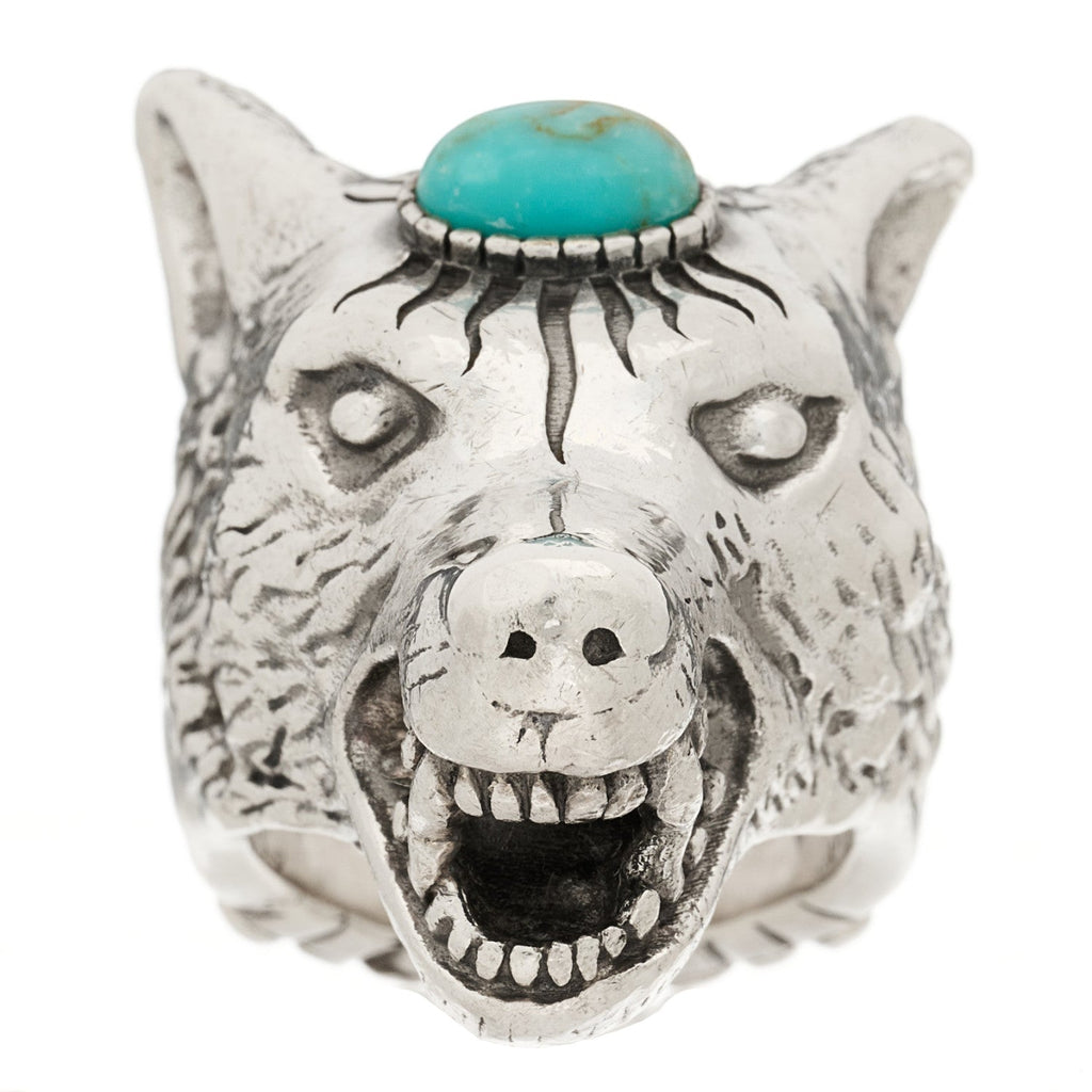 Sterling Silver Turquoise Anger Forest Wolf Head Ring 58 8.5