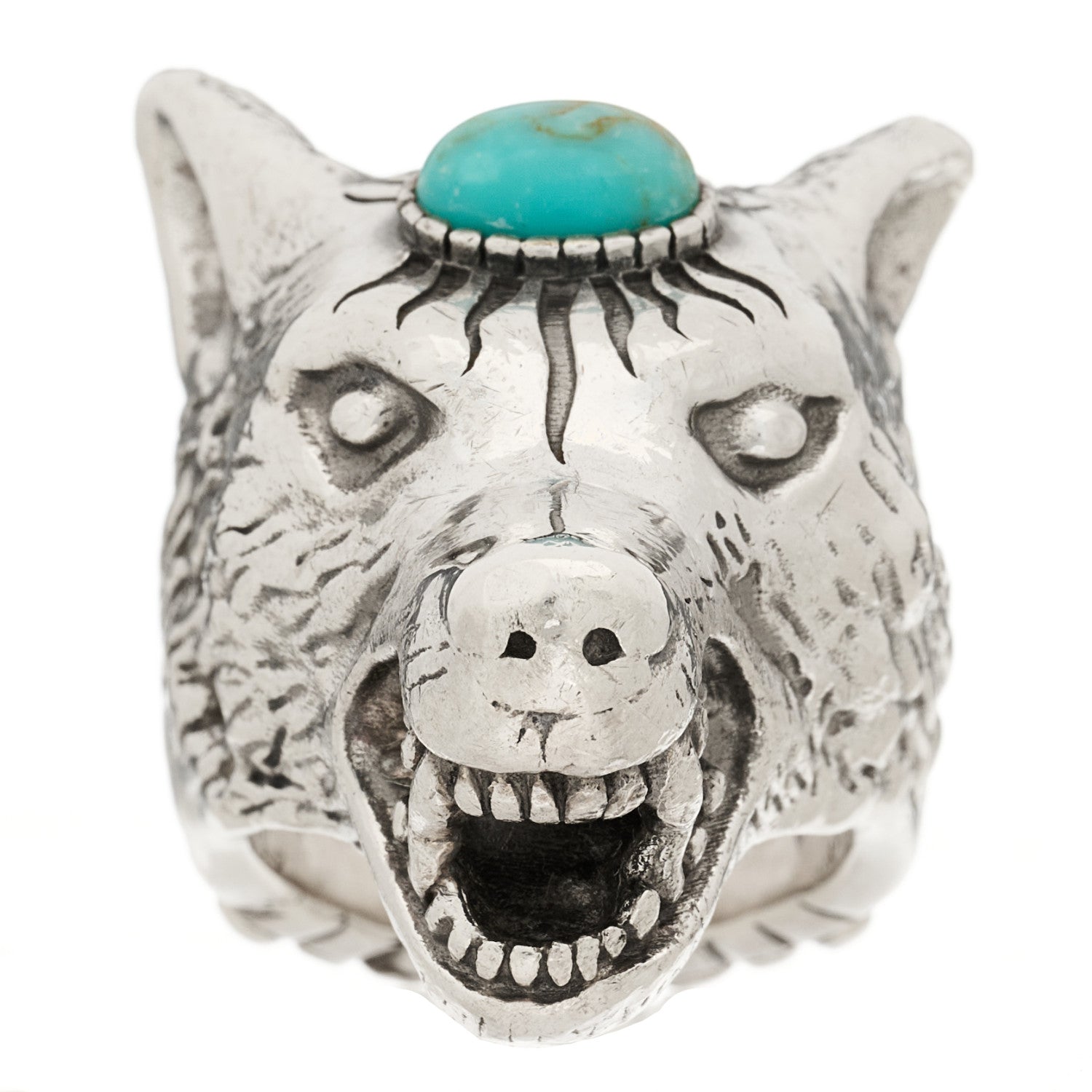 Sterling Silver Turquoise Anger Forest Wolf Head Ring 58 8.5