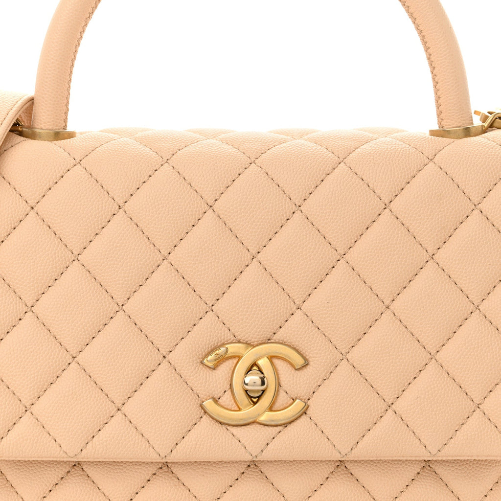 Caviar Quilted Small Coco Handle Flap Beige