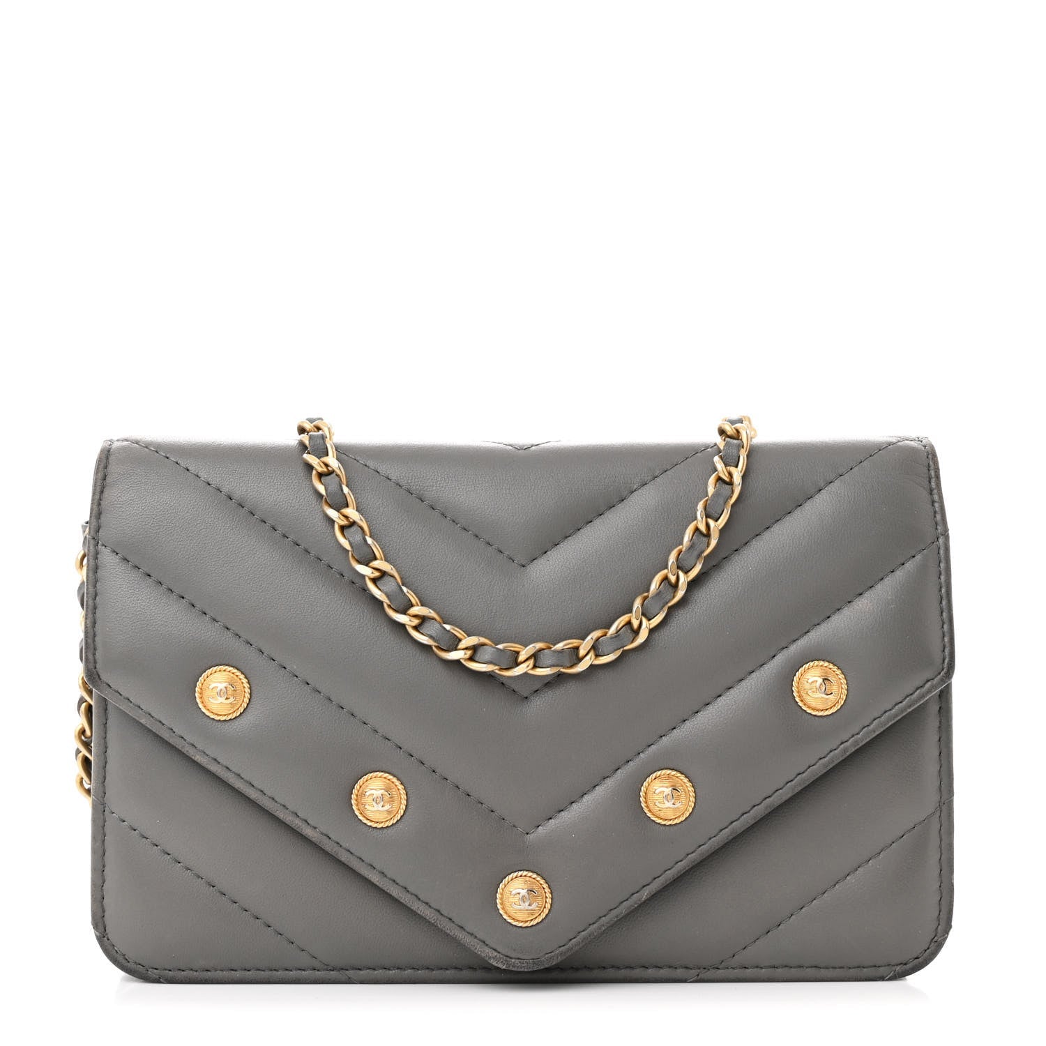 Lambskin Chevron Quilted Medallion Wallet On Chain WOC Grey
