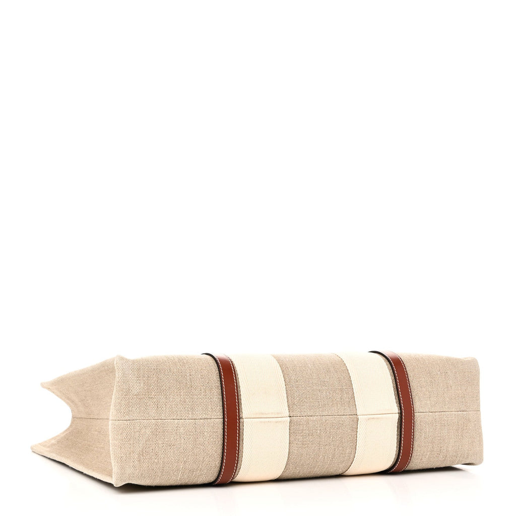 Linen Calfskin Large Woody Ribbon Tote White Brown
