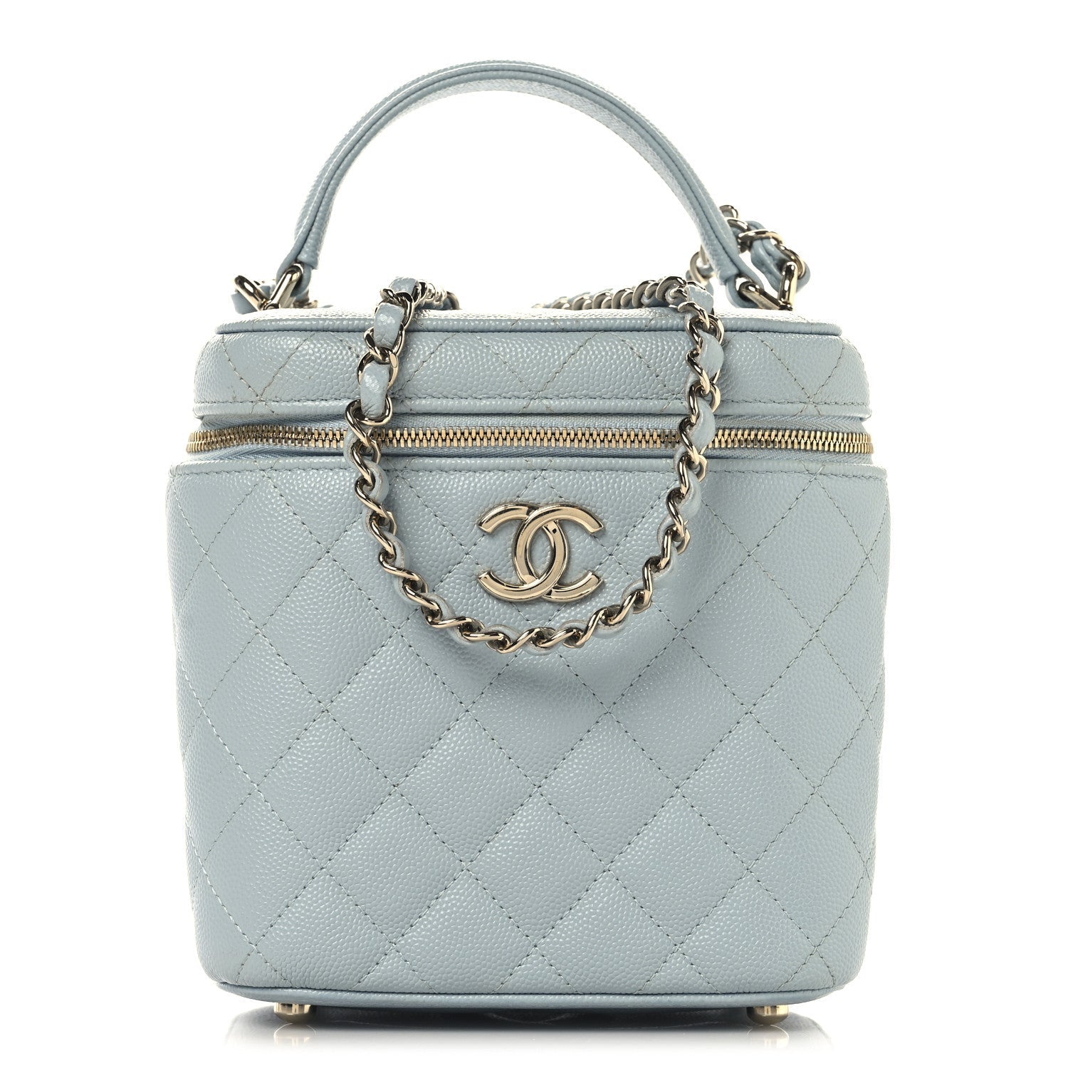 Caviar Quilted Small Top Handle Vanity Case With Chain Light Blue