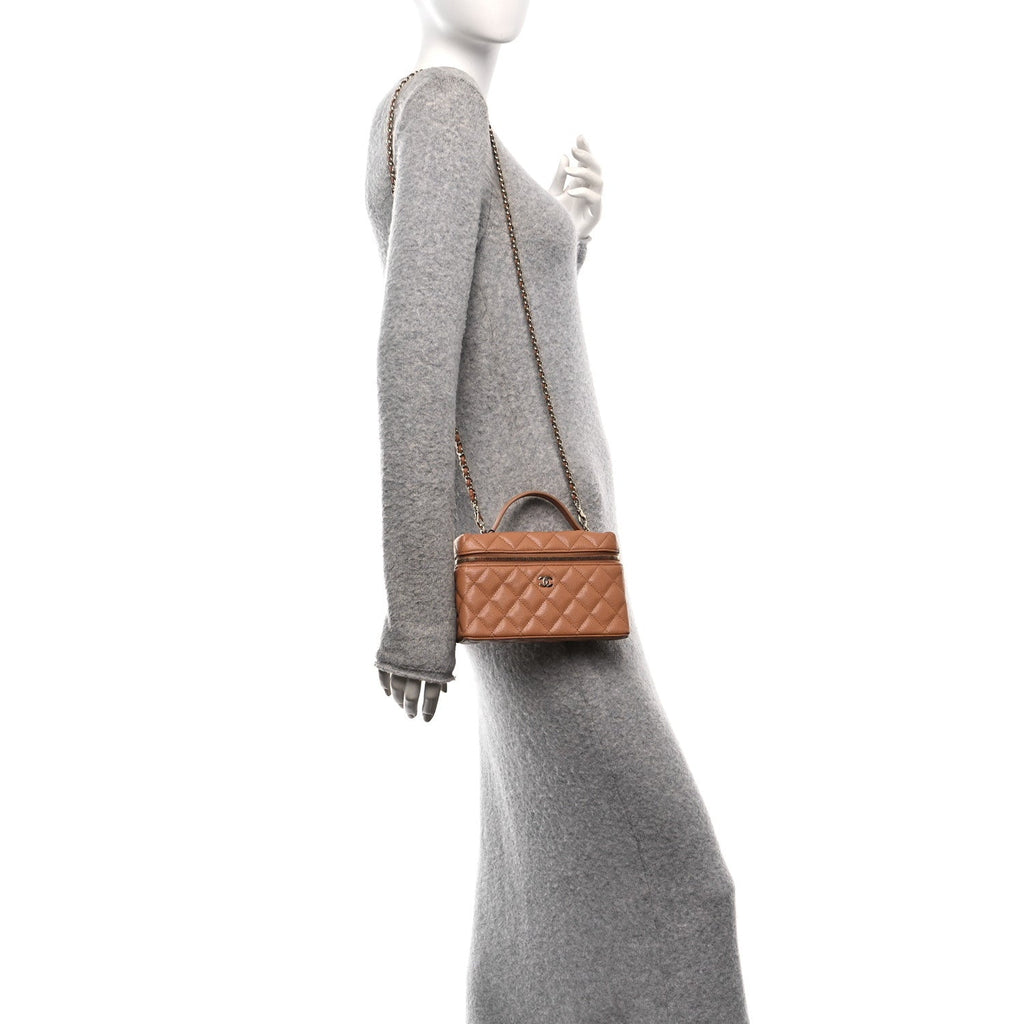Caviar Quilted Top Handle Slim Vanity With Chain Brown