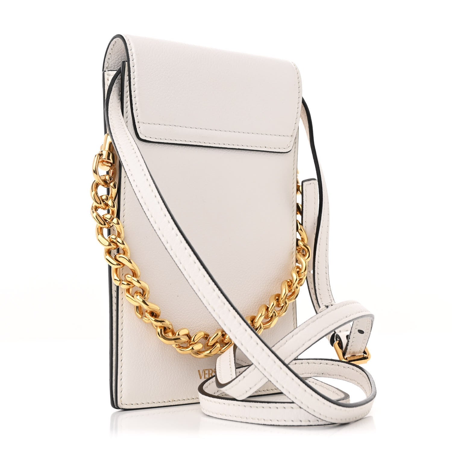 Calfskin La Medusa Chain Crossbody Phone Pouch White