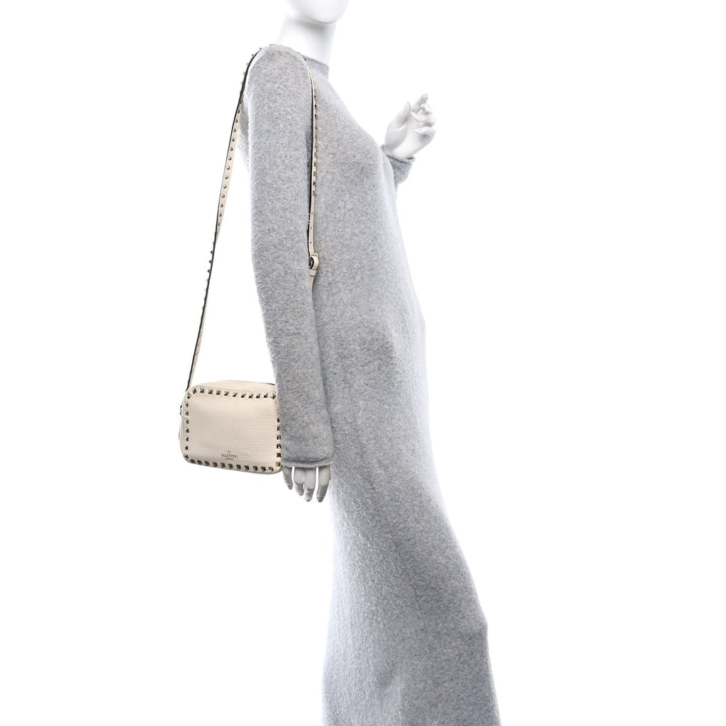 Grained Calfskin Rockstud Camera Crossbody Bag Ivory