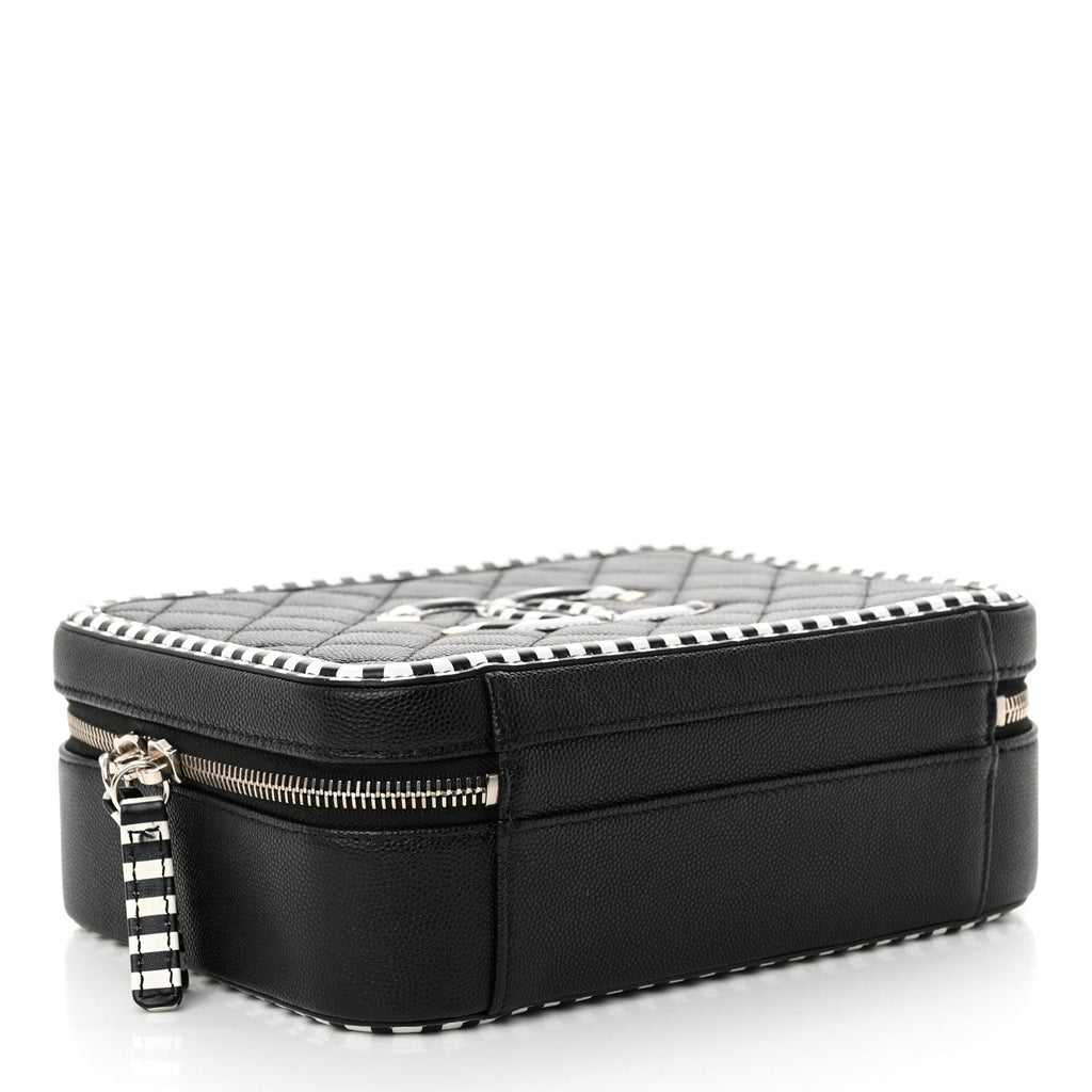 Caviar Quilted Striped Medium CC Filigree Vanity Case Black White