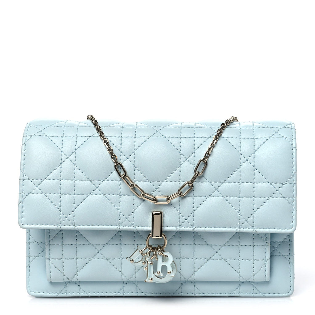 Lambskin Cannage Lady Dior Chain Pouch Light Blue