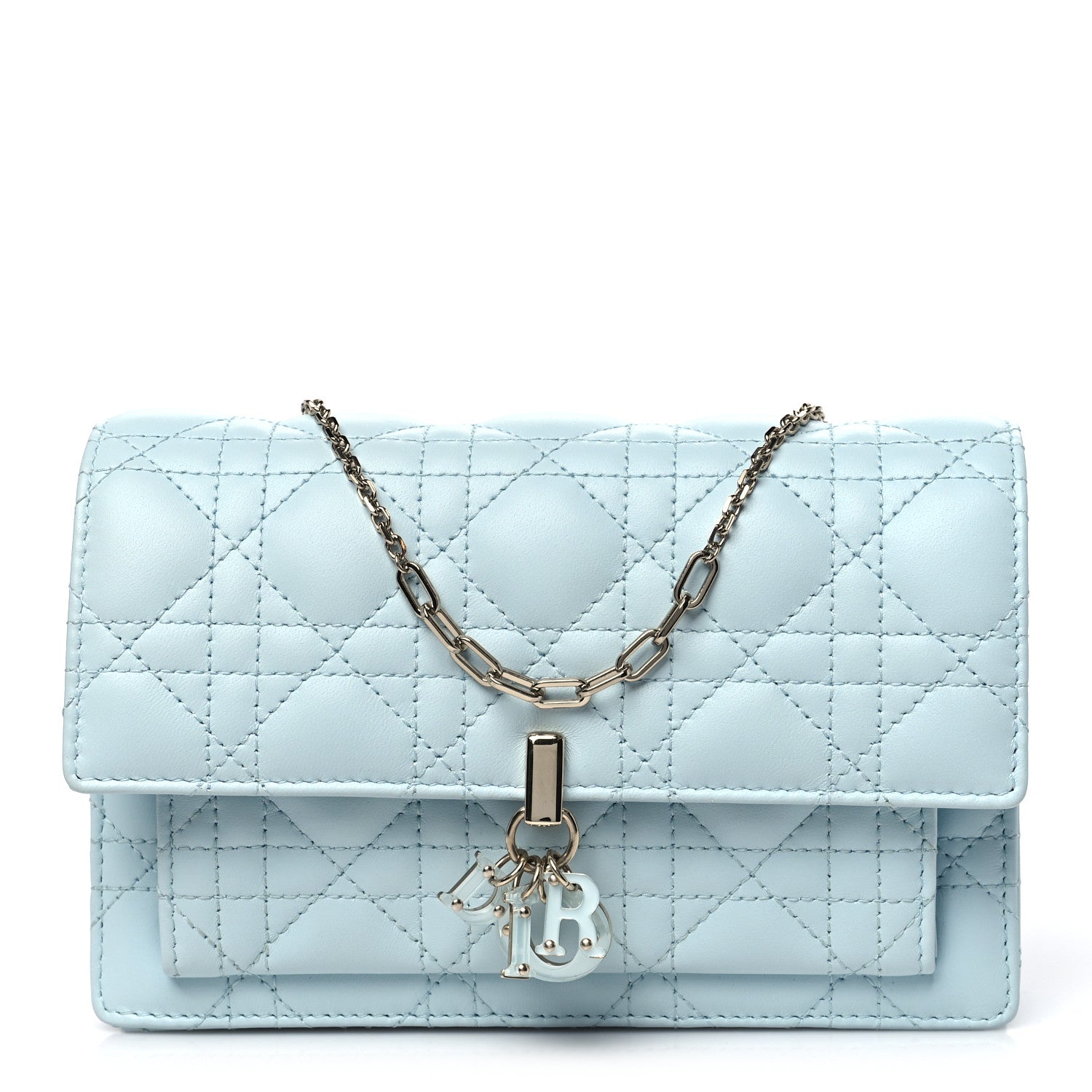 Lambskin Cannage Lady Dior Chain Pouch Light Blue