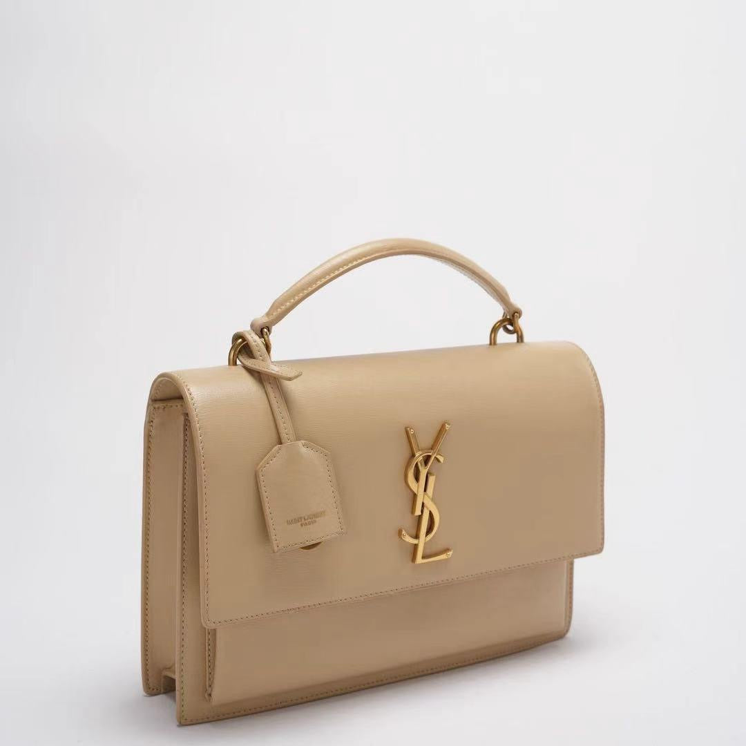 Saint Laurent Sunset Bag Medium Calfskin Monogram Beige with Gold Hardware