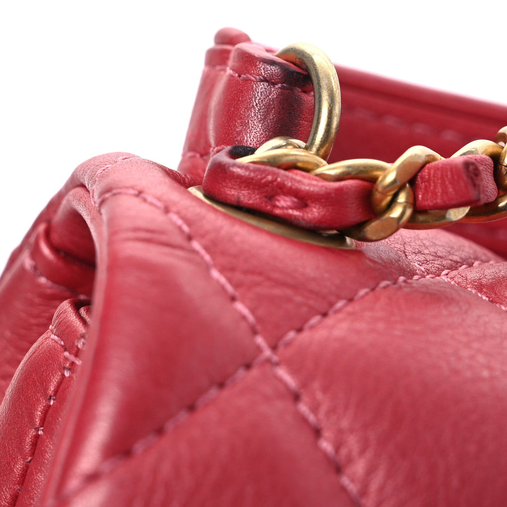 Metallic Calfskin Quilted Top Handle Flap Dark Pink
