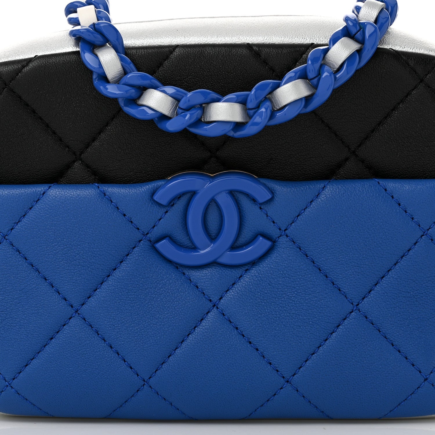 Shiny Lambskin Monochrome Chain Mini Camera Case Bag Blue Black Silver
