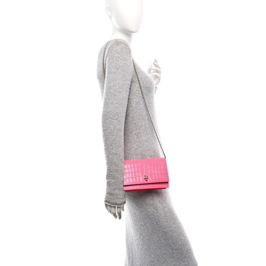 Calfskin Crocodile Embossed Skull Mini Crossbody Bag Neon Pink