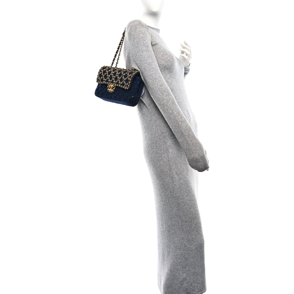 Tweed Sequin Timeless Classic Chained Double Flap Navy Blue