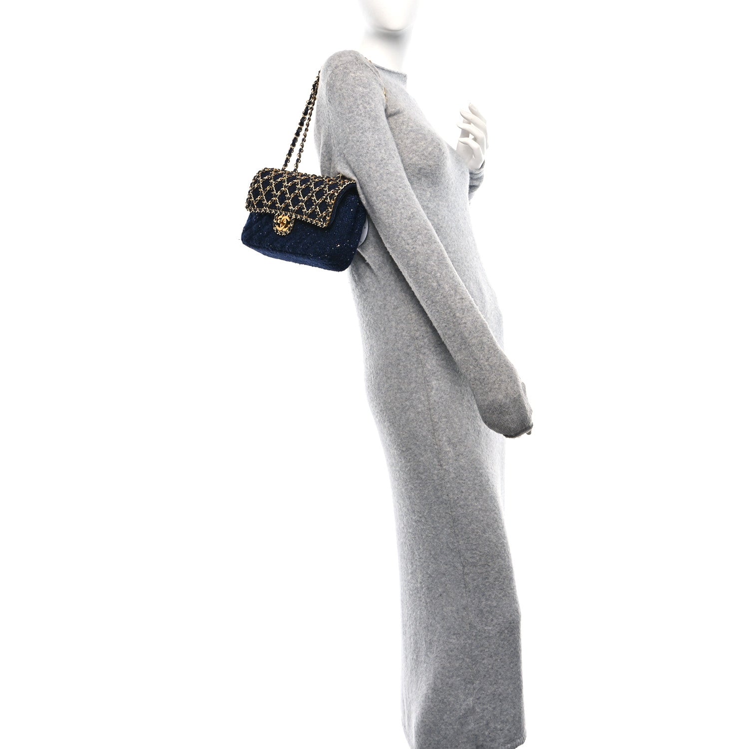 Tweed Sequin Timeless Classic Chained Double Flap Navy Blue