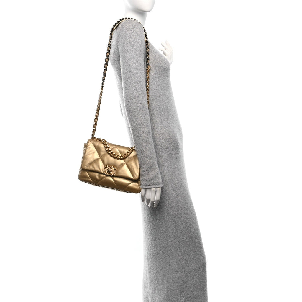 Metallic Goatskin Quilted Medium Chanel 19 Flap Gold