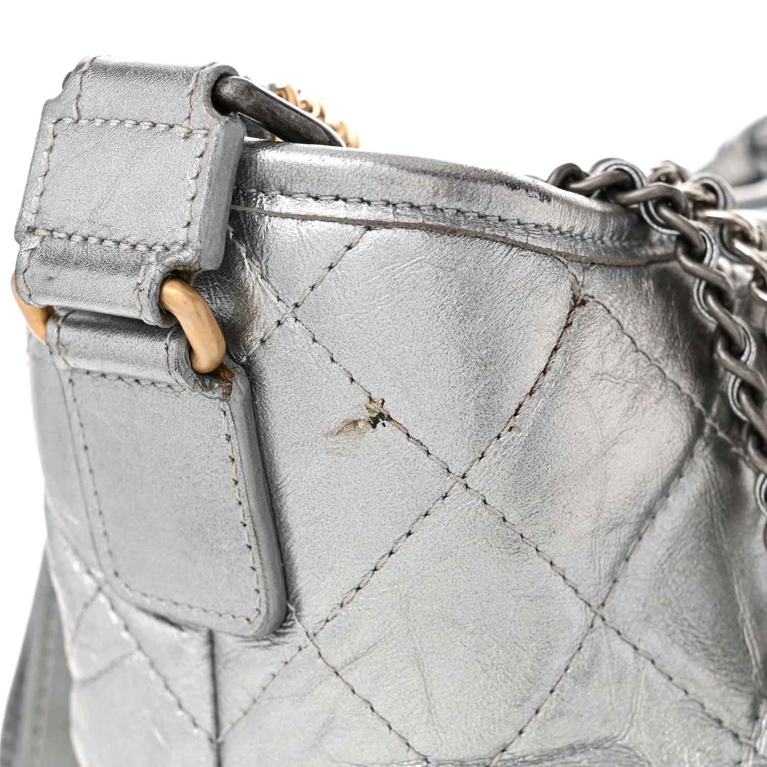 Metallic Aged Calfskin Quilted Medium Gabrielle Silver