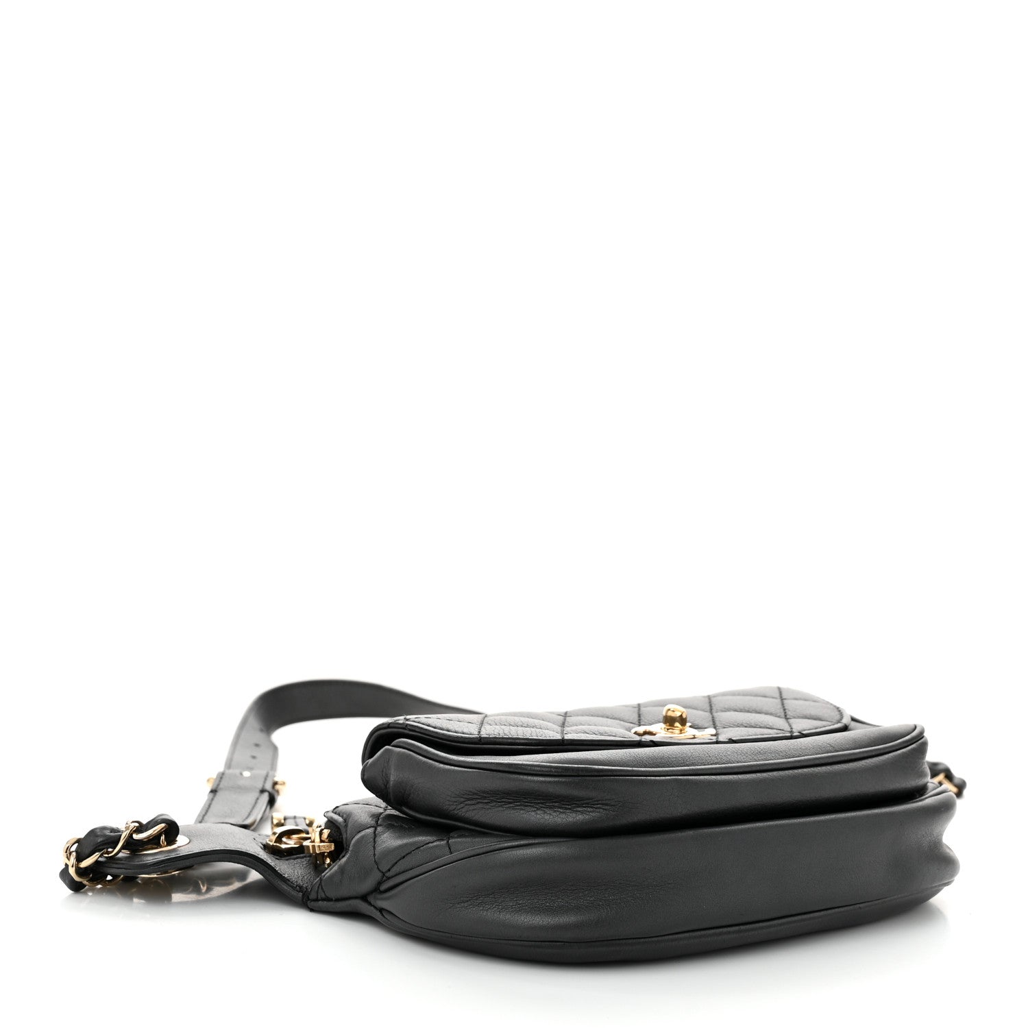 Calfskin Flap Chain Waist Bag Black