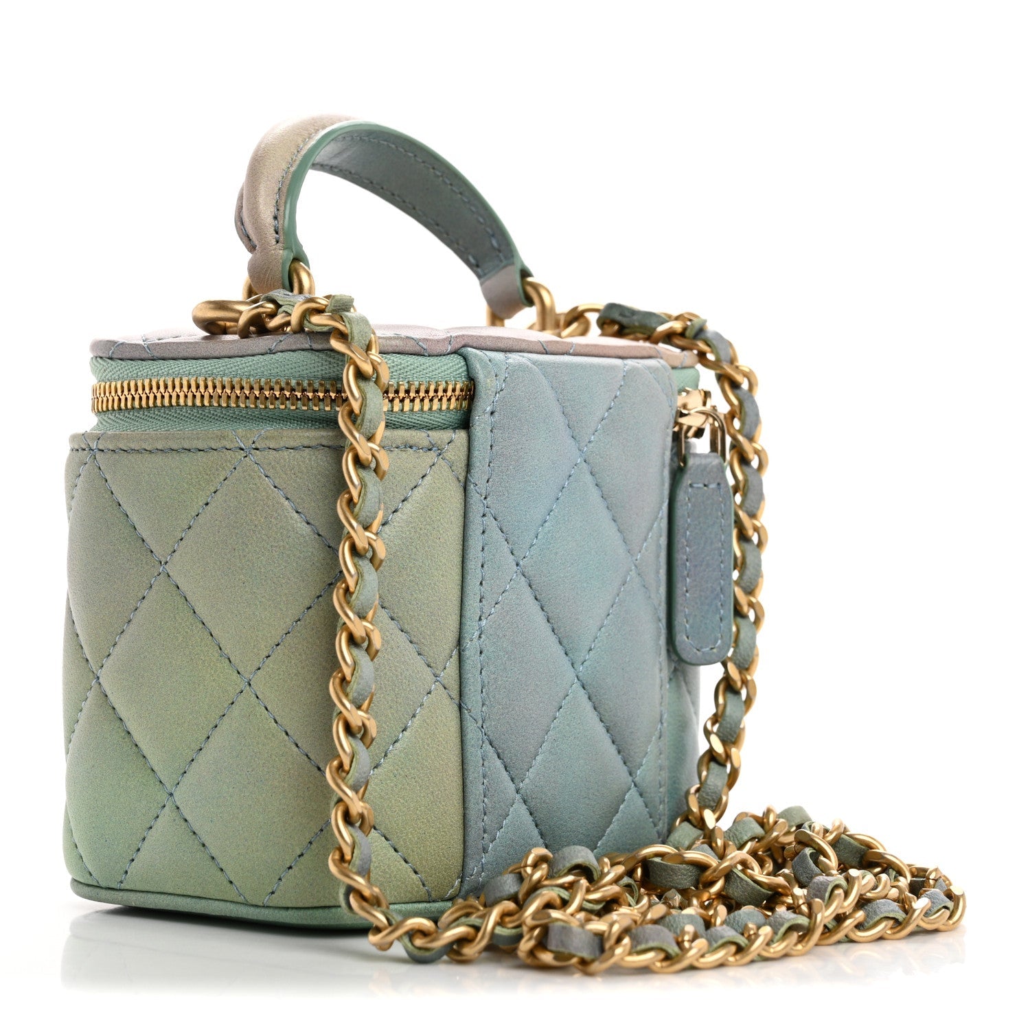 Lambskin Quilted Ombre Top Handle Mini Vanity Case With Chain Blue Green