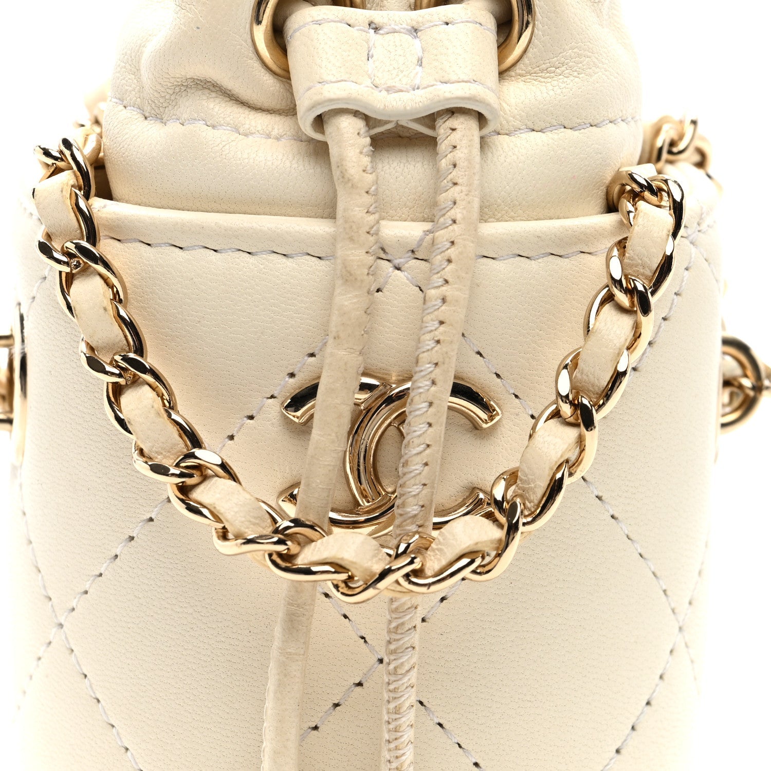 Lambskin Quilted Mini Bucket Bag With Chain White