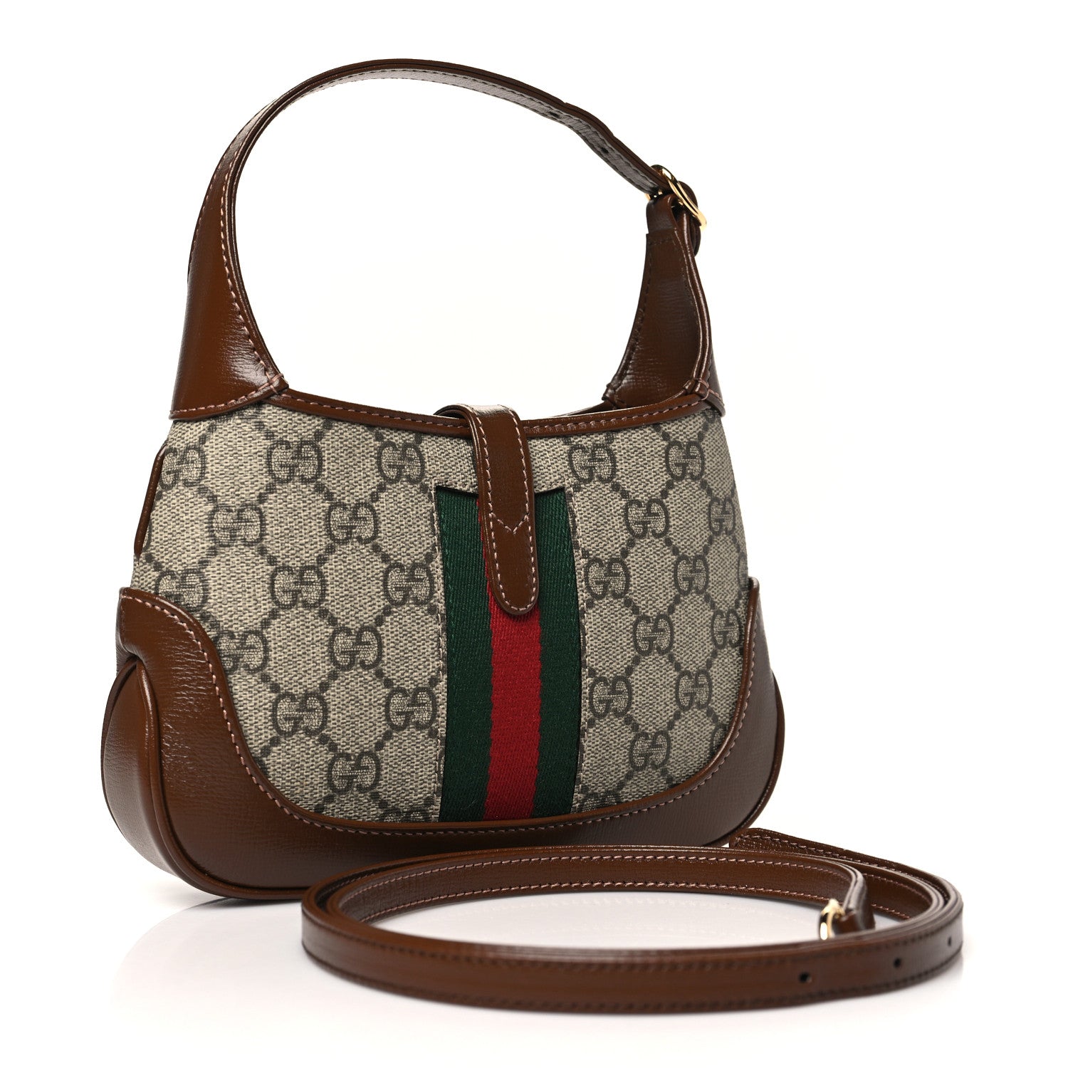 GG Supreme Monogram Azalea Calfskin Web Mini Jackie 1961 Hobo Beige Ebony Brown Sugar