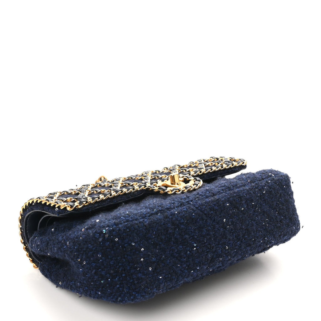Tweed Sequin Timeless Classic Chained Double Flap Navy Blue