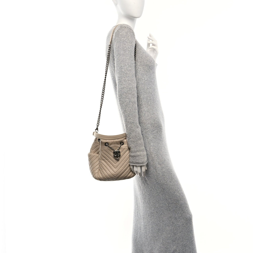 Deerskin Chevron Small CC Chain Bucket Bag Beige