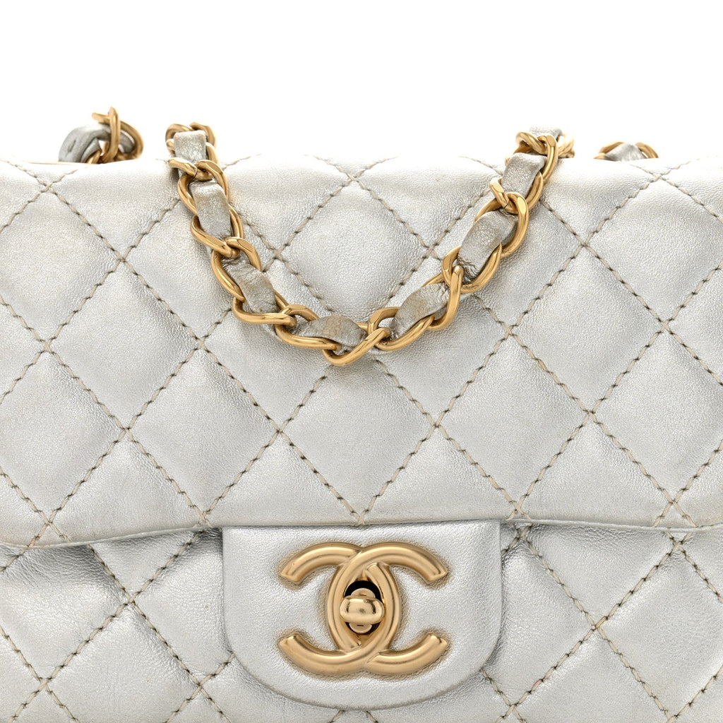 Metallic Lambskin Quilted Mini Square Flap Silver