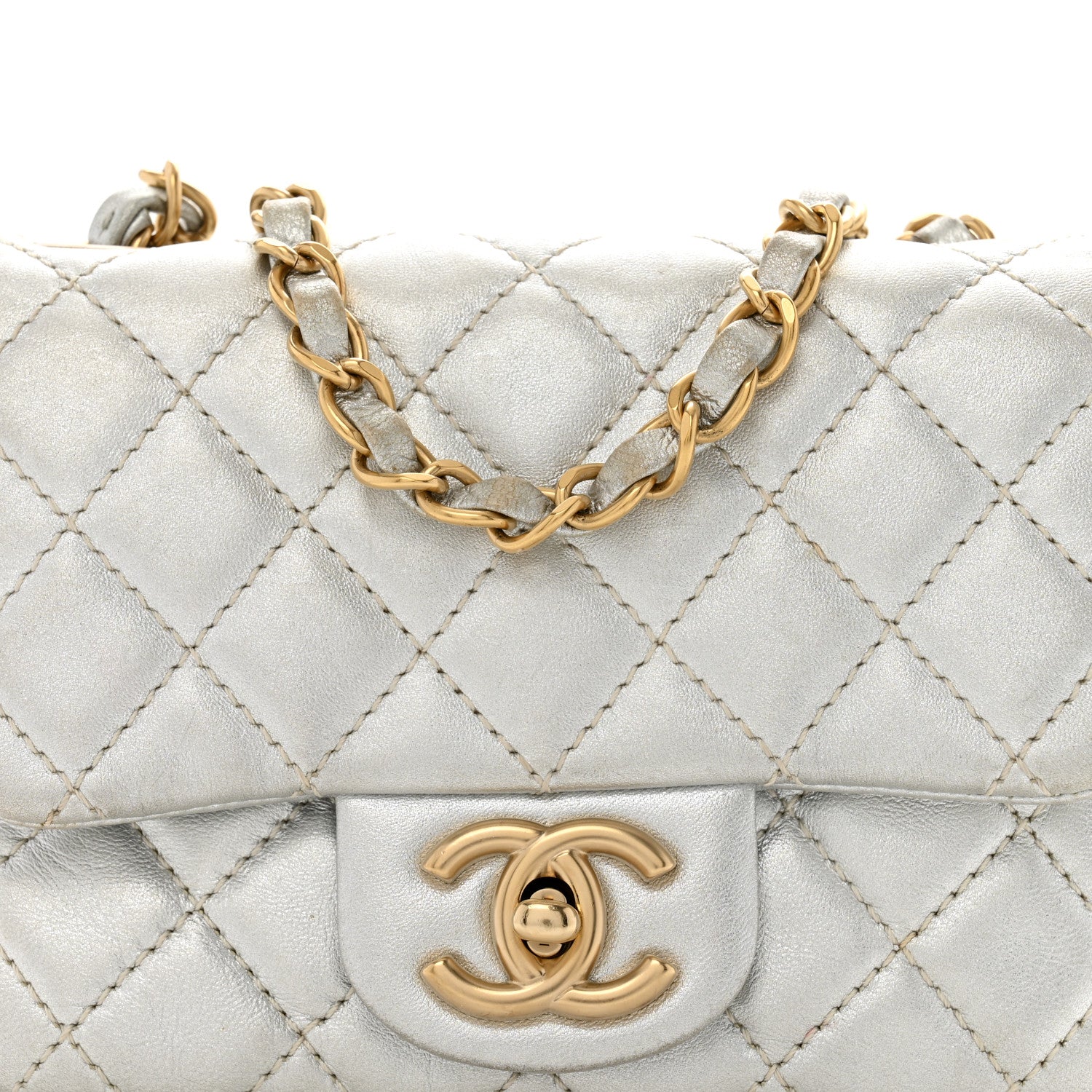 Metallic Lambskin Quilted Mini Square Flap Silver