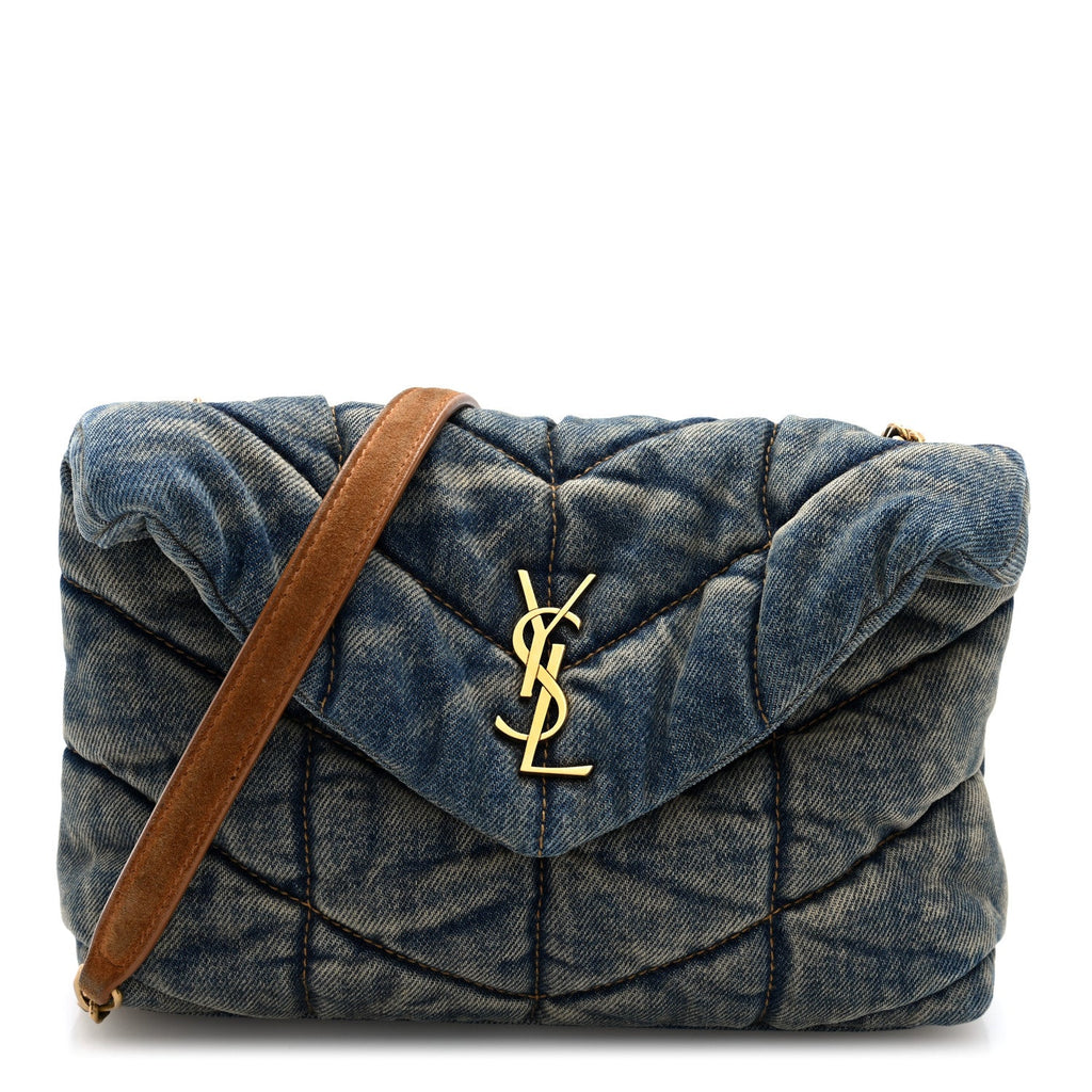 Denim Quilted Toy Loulou Puffer Monogram Chain Satchel Blue Cinnamon