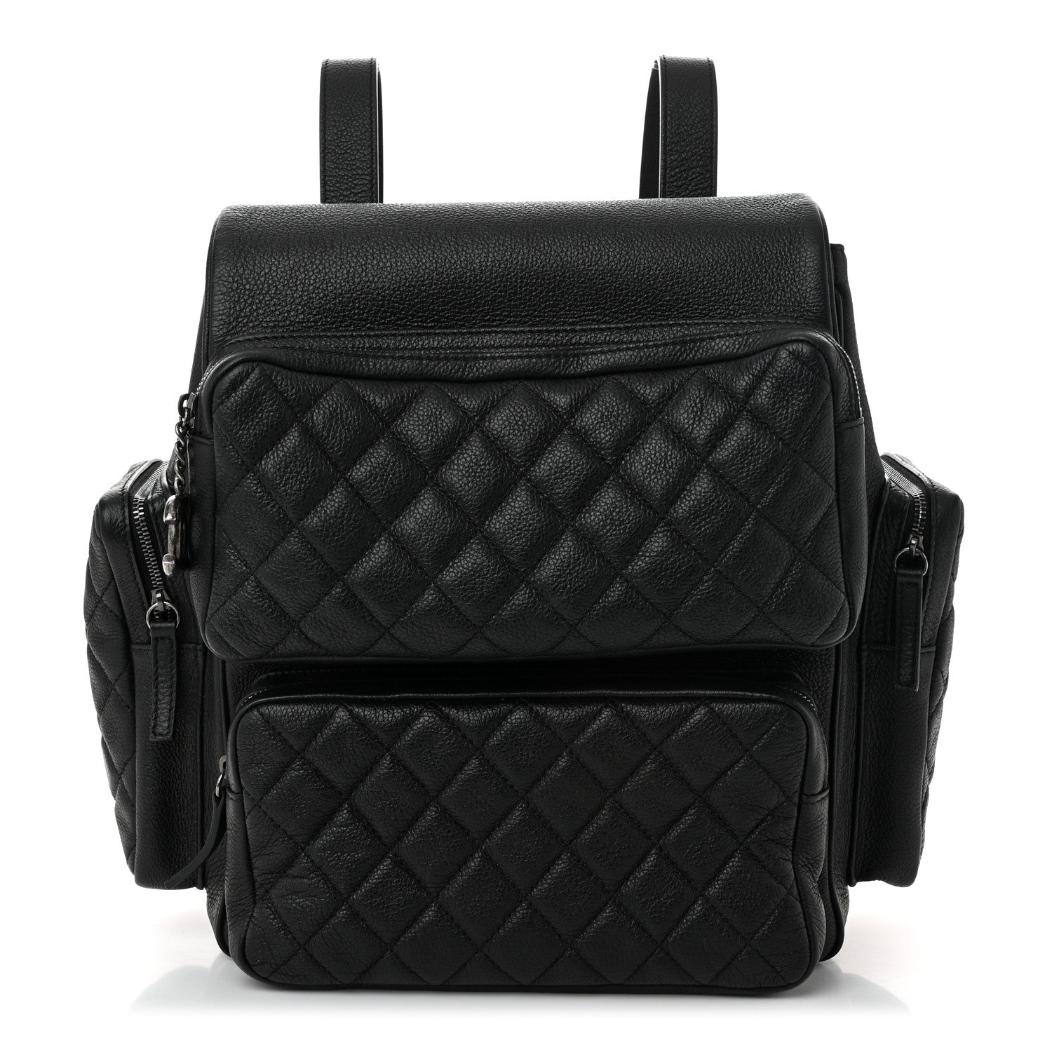 Grained Calfskin Quilted Large Casual Rock Backpack Black
